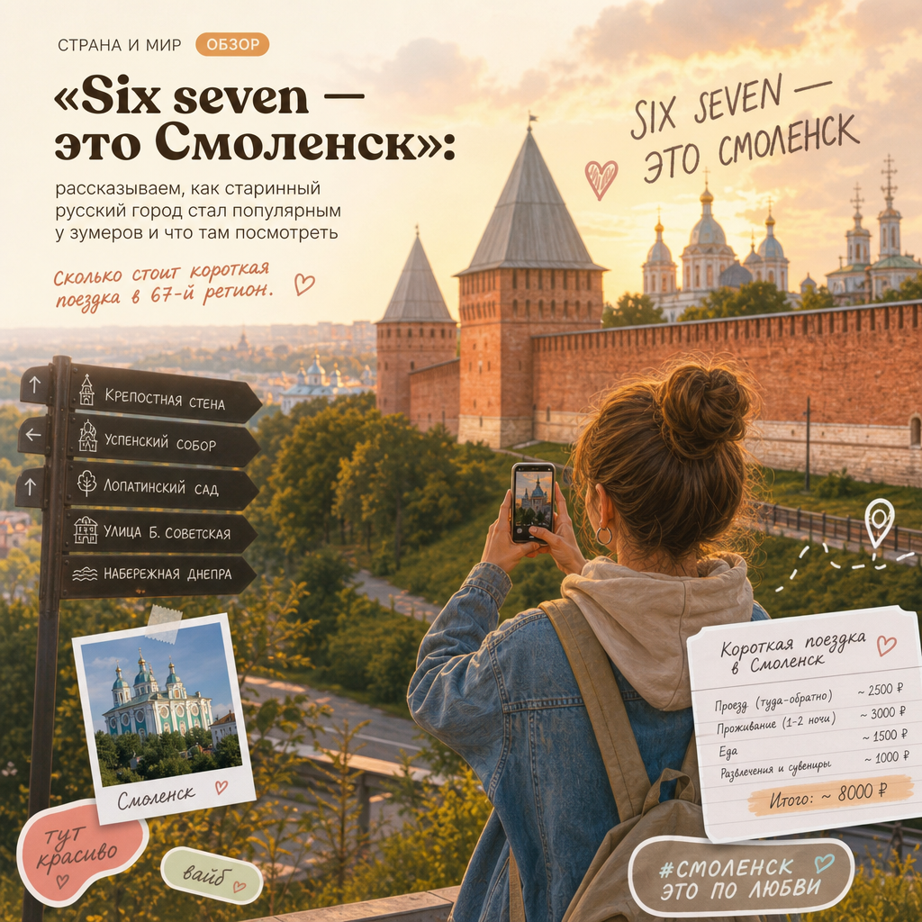 Страна и мир Обзор«Six seven — это Смоленск»: рассказываем, как старинный русский город стал популярным у зумеров и что там посмотреть Сколько стоит короткая поездка в 67-й регион