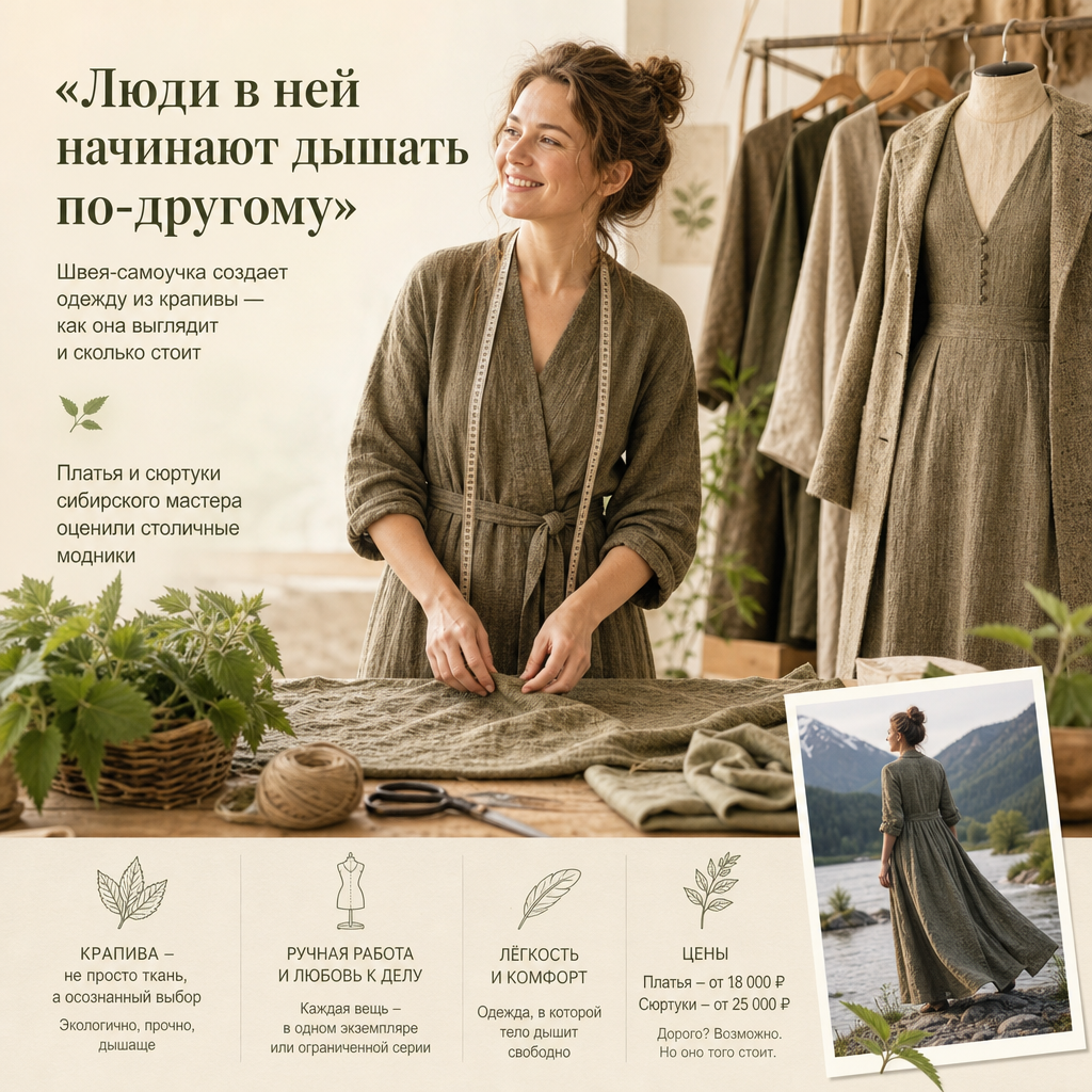 Работа«Люди в ней начинают дышать по-другому»: швея-самоучка создает одежду из крапивы — как она выглядит и сколько стоит Платья и сюртуки сибирского мастера оценили столичные модники